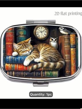 Cat on Books Decorative Pill Case - Brown Cat Design